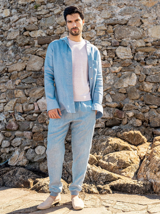 Camicia Cappuccio Aquamarine Linen hooded Shirt 100% Capri worn by model