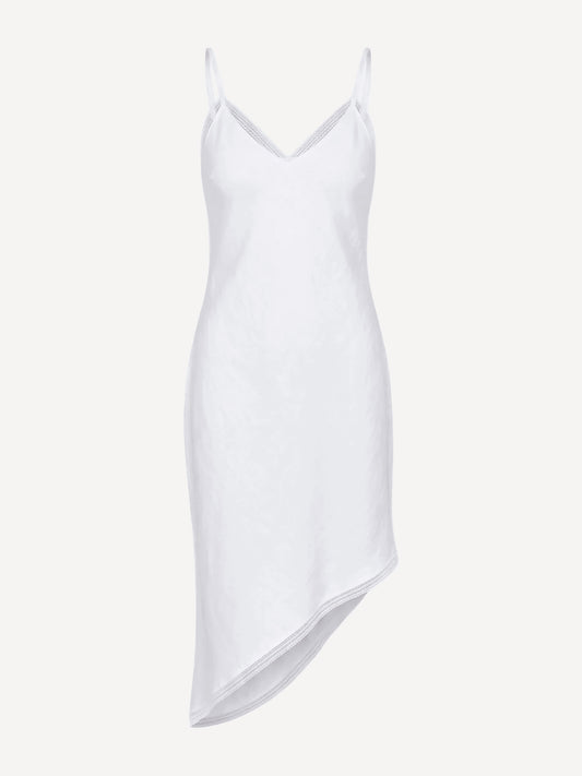 Front view of Palermo white linen dress with asymmetric hem – 100% Capri