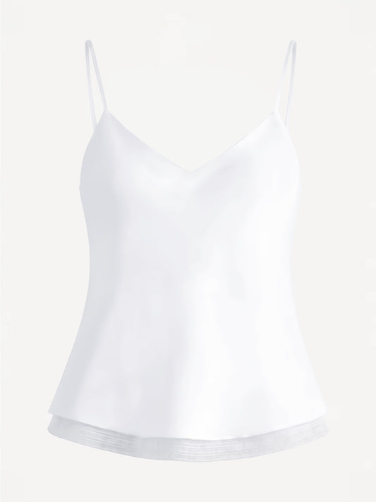 Capri® white linen top with thin straps and V-neckline, front view – 100% Capri