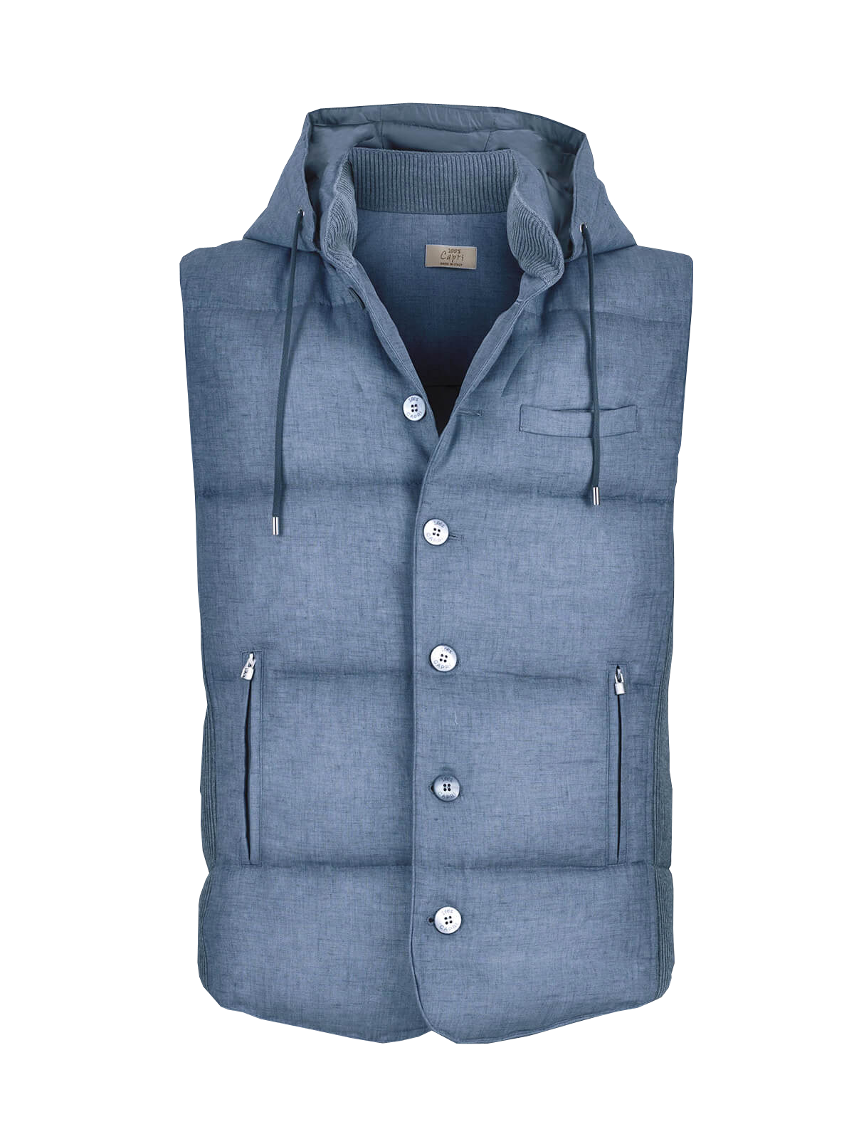 Gilet Cappuccio 100% Capri jeans linen gilet front Gilet Cappuccio 100% Capri jeans linen gilet front