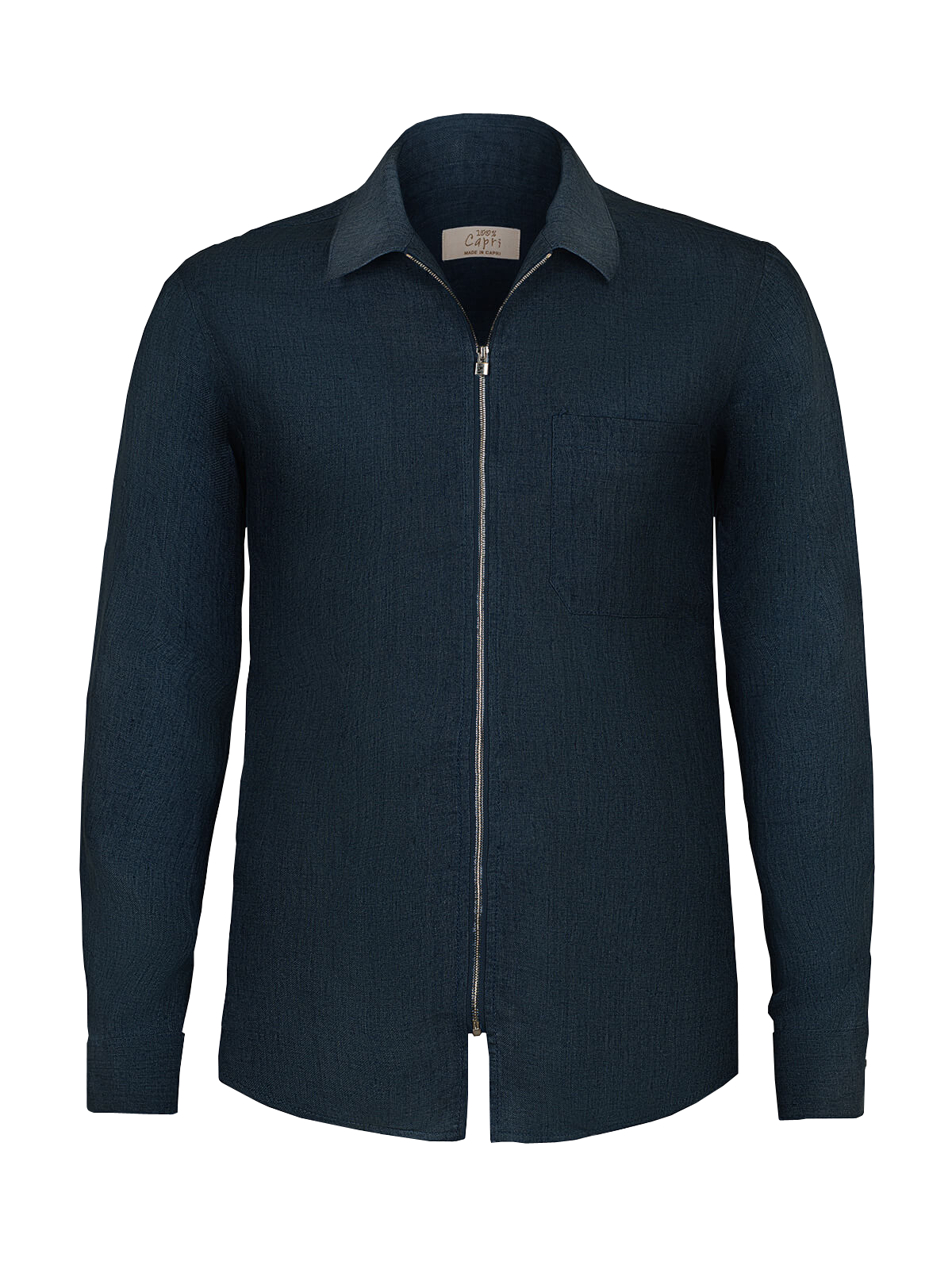 Camicia Zip Malta 100% Capri for man linen blue shirt front