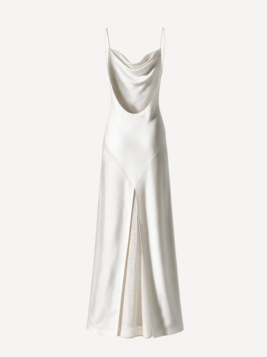 Back view of Firenze white linen maxi dress with cowl draping – 100% Capri