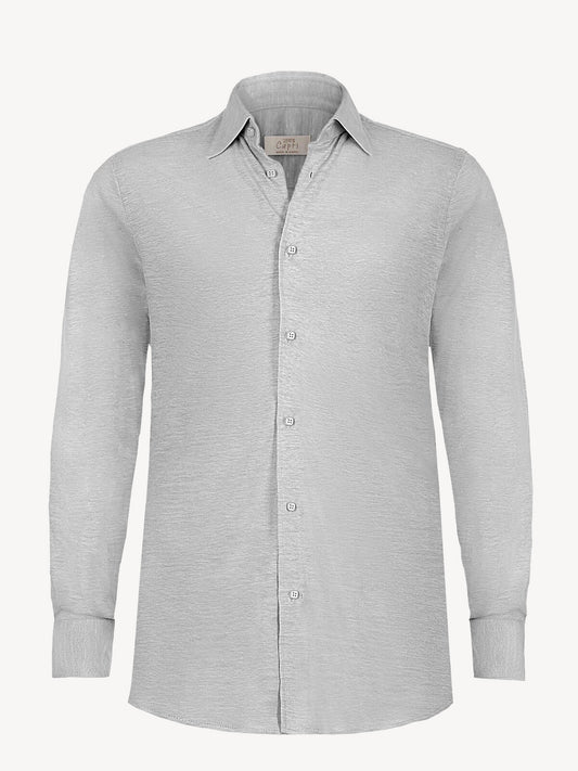 Long sleeve light grey linen shirt, front view – 100% Capri