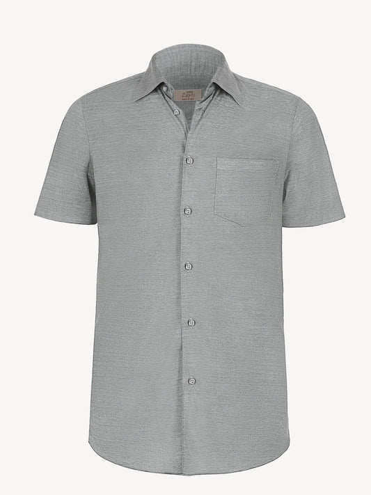 Short sleeve light grey linen shirt, front view – 100% Capri