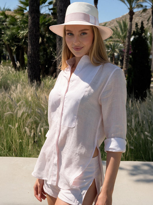 Model wearing Smoking pink linen shirt with coordinated New Panama pink hat – 100% Capri