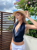 Top Sarah 100% Capri blue linen top worn by model Top Sarah 100% Capri blue linen top worn by model