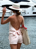 Top Sarah 100% Capri pink linen top worn by model