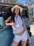Top Sarah 100% Capri white linen top worn by model Top Sarah 100% Capri white linen top worn by model