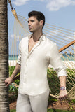 Camicia Hand Made 100% Capri white linen shirt worn by model