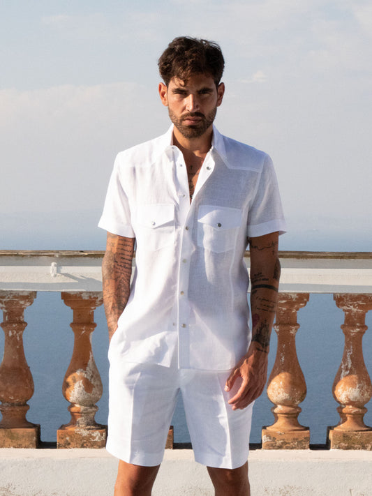 Linen Denim Shirt front white color 100% Capri worn by model