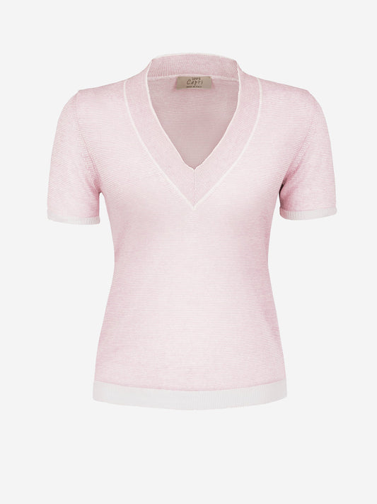 Top Portofino 100% Capri pink and white linen top front