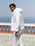 Gilet Cappuccio 100% Capri white linen gilet worn by model Gilet Cappuccio 100% Capri white linen gilet worn by model
