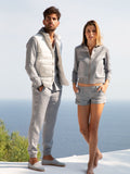 Short pants zip  for woman 100% Capri dark grey linen pant worn by model Short pants zip  for woman 100% Capri dark grey linen pant worn by model