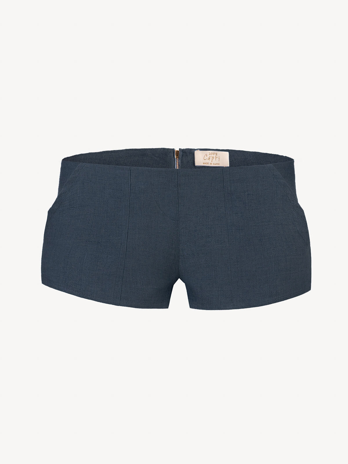 Short linen pants zip  for woman 100% Capri blue linen pant front Short linen pants zip  for woman 100% Capri blue linen pant front
