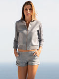 Short Pants Zip  for woman 100% Capri dark grey linen pant worn by model Short Pants Zip  for woman 100% Capri dark grey linen pant worn by model