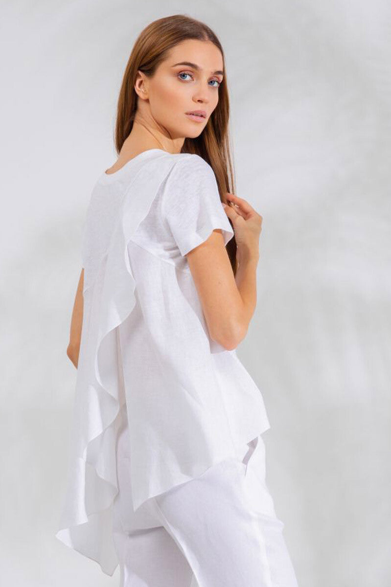 T-Shirt Five 100% Capri white linen t-shirt  back worn by model