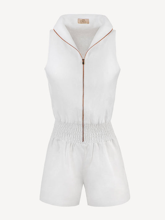 Tuta Zip for woman 100% Capri white linen jumpsuit front