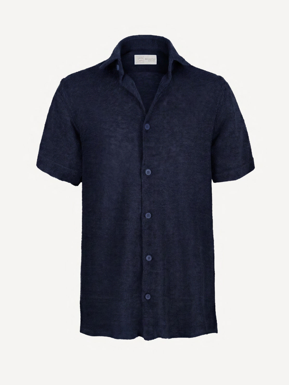 Terry Short Sleeve blue linen terry shirt, front view – 100% Capri