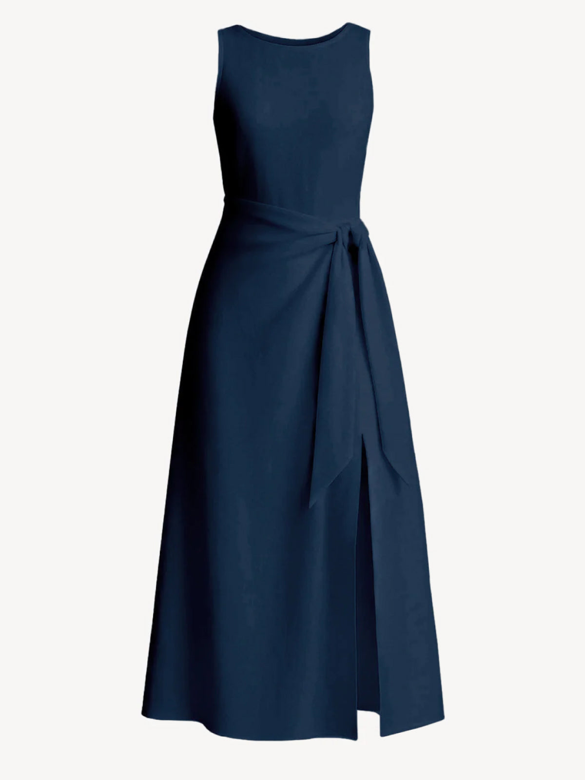 Abito Sofi Blue 100% Capri: A sleeveless navy blue midi dress with a draped wrap-style waist and side slit.