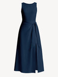 Abito Sofi Blue 100% Capri: A sleeveless navy blue midi dress with a draped wrap-style waist and side slit.