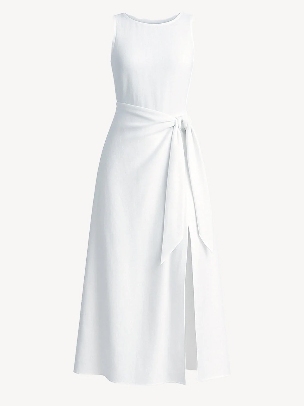 Abito Sofi White 100% Capri: A sleeveless white midi dress with a draped wrap-style waist and side slit.