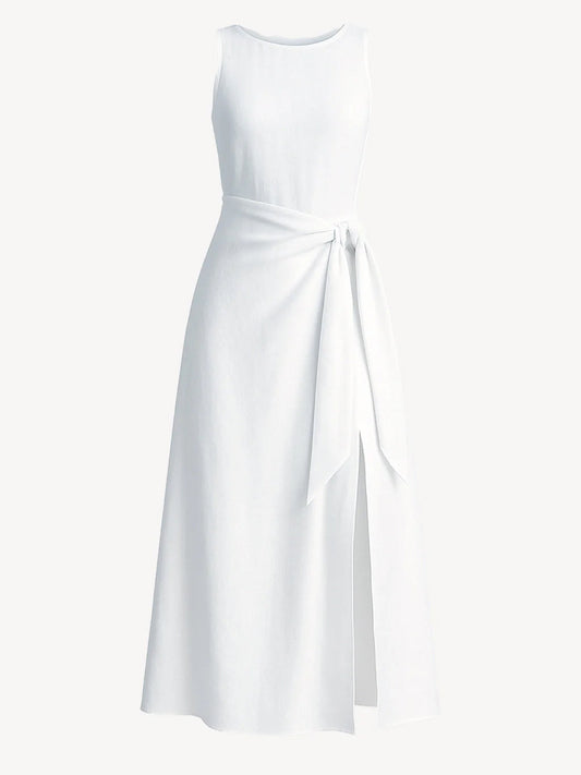 Abito Sofi White 100% Capri: A sleeveless white midi dress with a draped wrap-style waist and side slit.