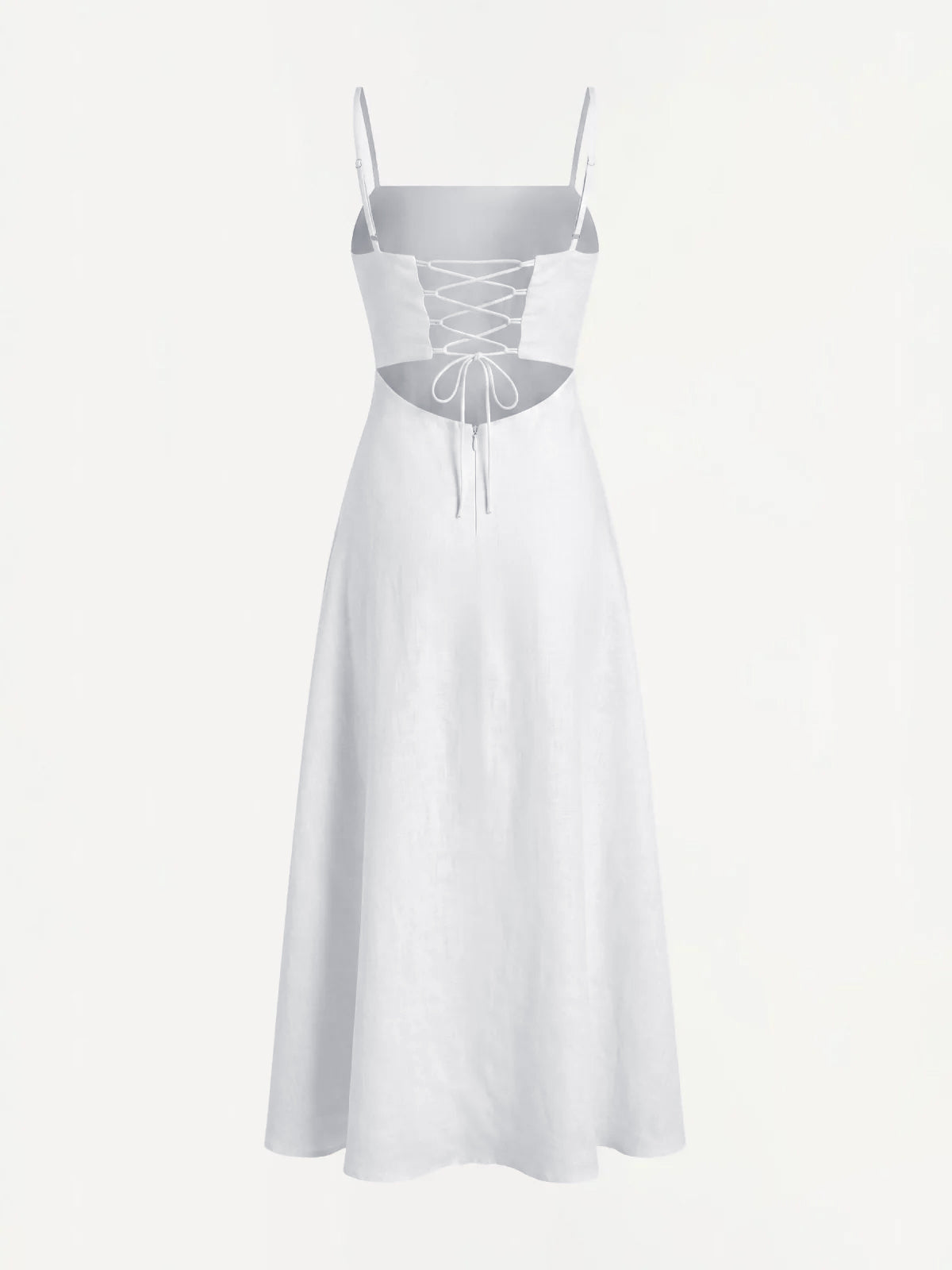 Back view of Marbella white linen dress with lace-up back detail – 100% Capri