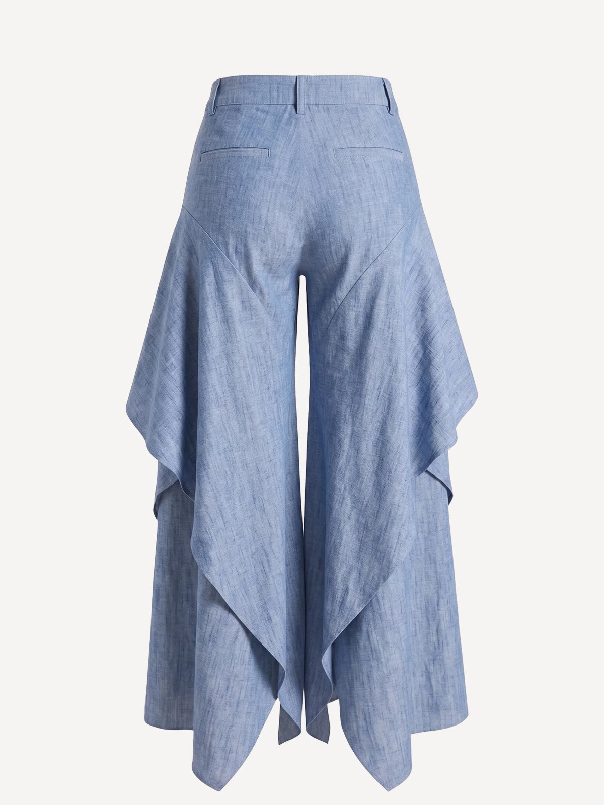 Butterfly jeans linen trousers with asymmetric draped panels, back view – 100% Capri