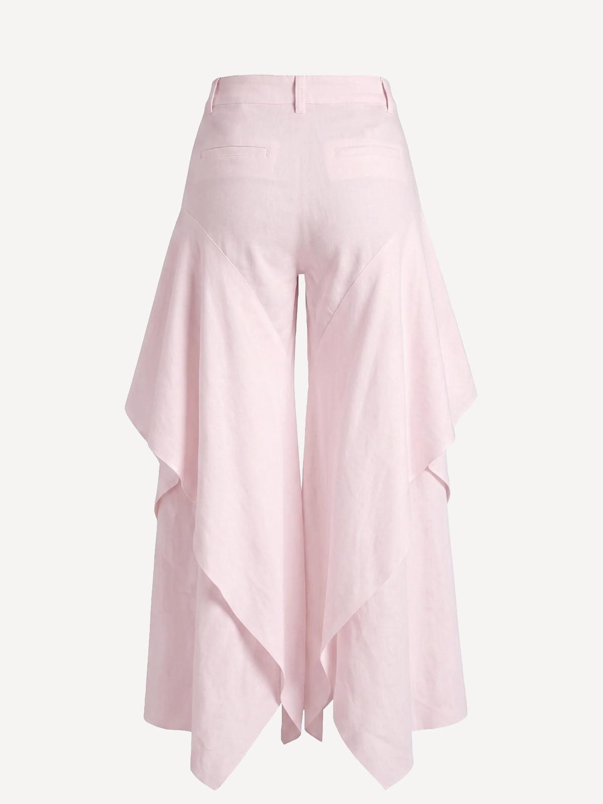 Butterfly pink linen trousers with asymmetric draped panels, back view – 100% Capri
