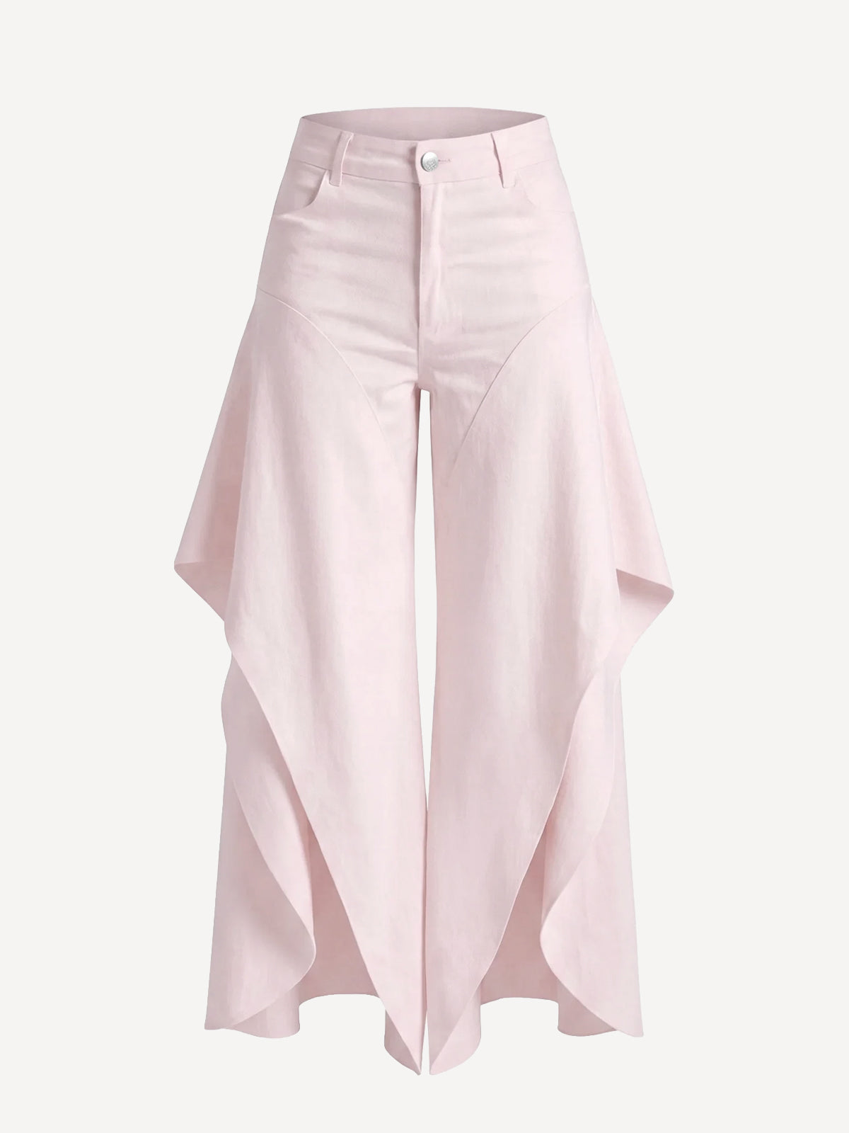 Butterfly pink linen trousers with asymmetric draped panels, front view – 100% Capri