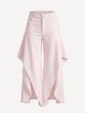 Butterfly pink linen trousers with asymmetric draped panels, front view – 100% Capri