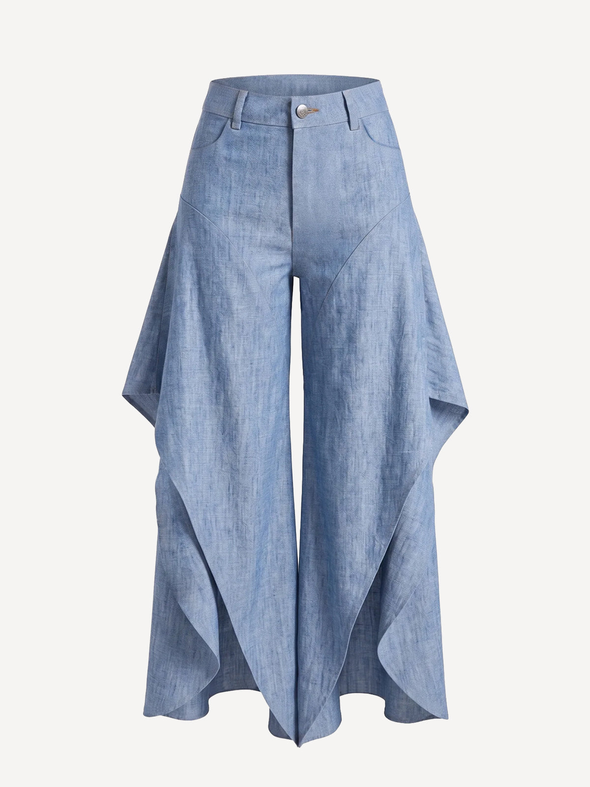 Butterfly jeans linen trousers with asymmetric draped panels, front view – 100% Capri
