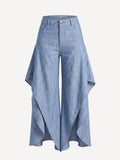 Butterfly jeans linen trousers with asymmetric draped panels, front view – 100% Capri