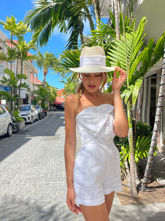 Capri Linen Hat for woman 100% Capri white linen and straw hat  worn by model