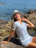 Capri Hat for woman 100% Capri straw white and jeans hat worn by model