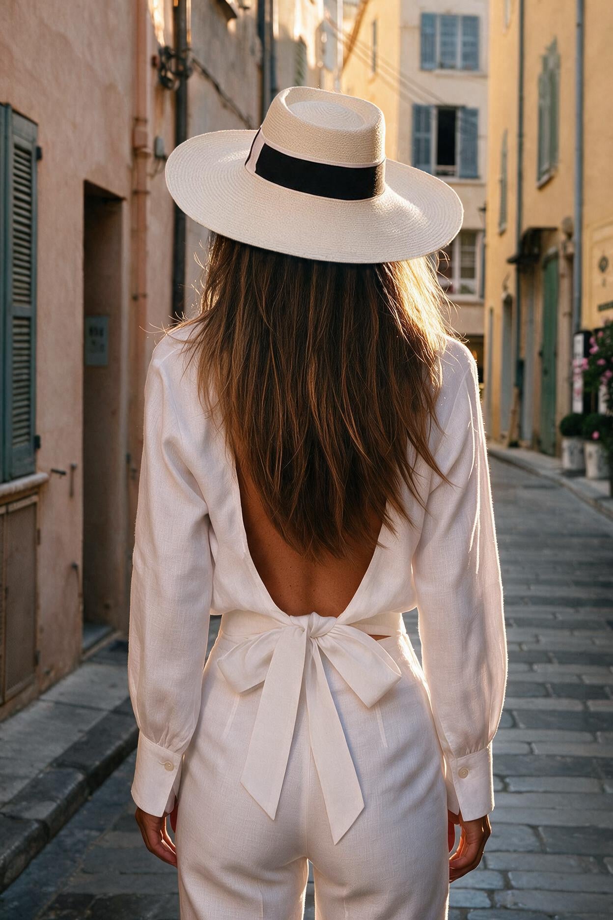 Back view of model wearing Fabi white linen shirt with open-back tie detail – 100% Capri