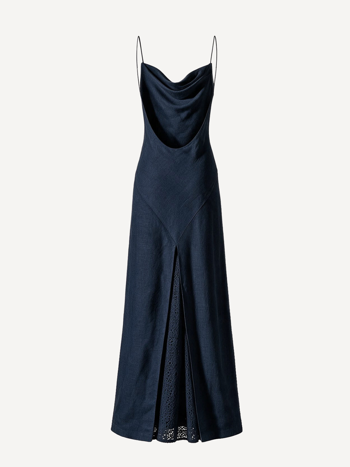Back view of Firenze blue linen maxi dress with cowl draping – 100% Capri