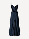 Back view of Firenze blue linen maxi dress with draped back and openwork panel – 100% Capri