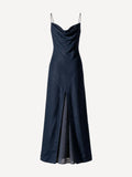 Firenze blue linen maxi dress with cowl neckline and openwork front panel, front view – 100% Capri