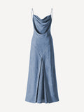 Back view of Firenze jeans color linen maxi dress with draped back and openwork panel – 100% Capri