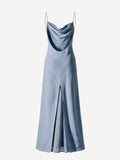 Back view of Firenze jeans linen maxi dress with cowl draping – 100% Capri