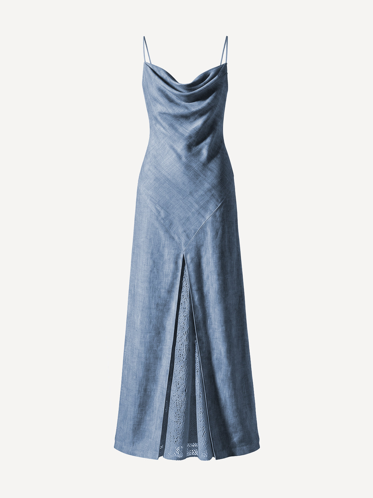 Firenze jeans color linen maxi dress with cowl neckline and openwork front panel, front view – 100% Capri