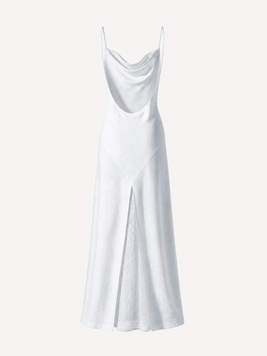 Back view of Firenze white linen maxi dress with draped back and openwork panel – 100% Capri