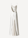 Back view of Firenze white linen maxi dress with cowl draping – 100% Capri