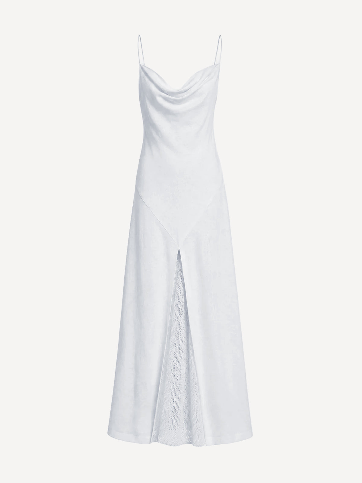 Firenze white linen maxi dress with cowl neckline and openwork front panel, front view – 100% Capri