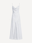Firenze white linen maxi dress with cowl neckline and openwork front panel, front view – 100% Capri