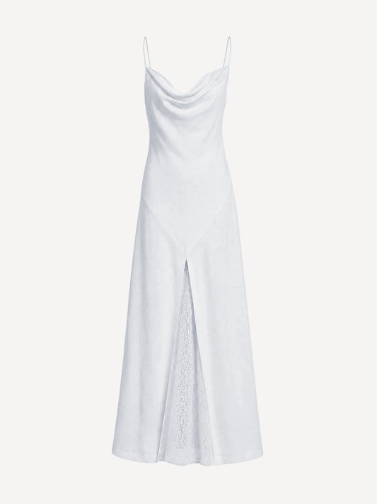 Firenze white linen maxi dress with cowl neckline and openwork front panel, front view – 100% Capri