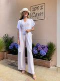Kimono Pants fot woman 100% Capri white and pink linen pant worn by model
