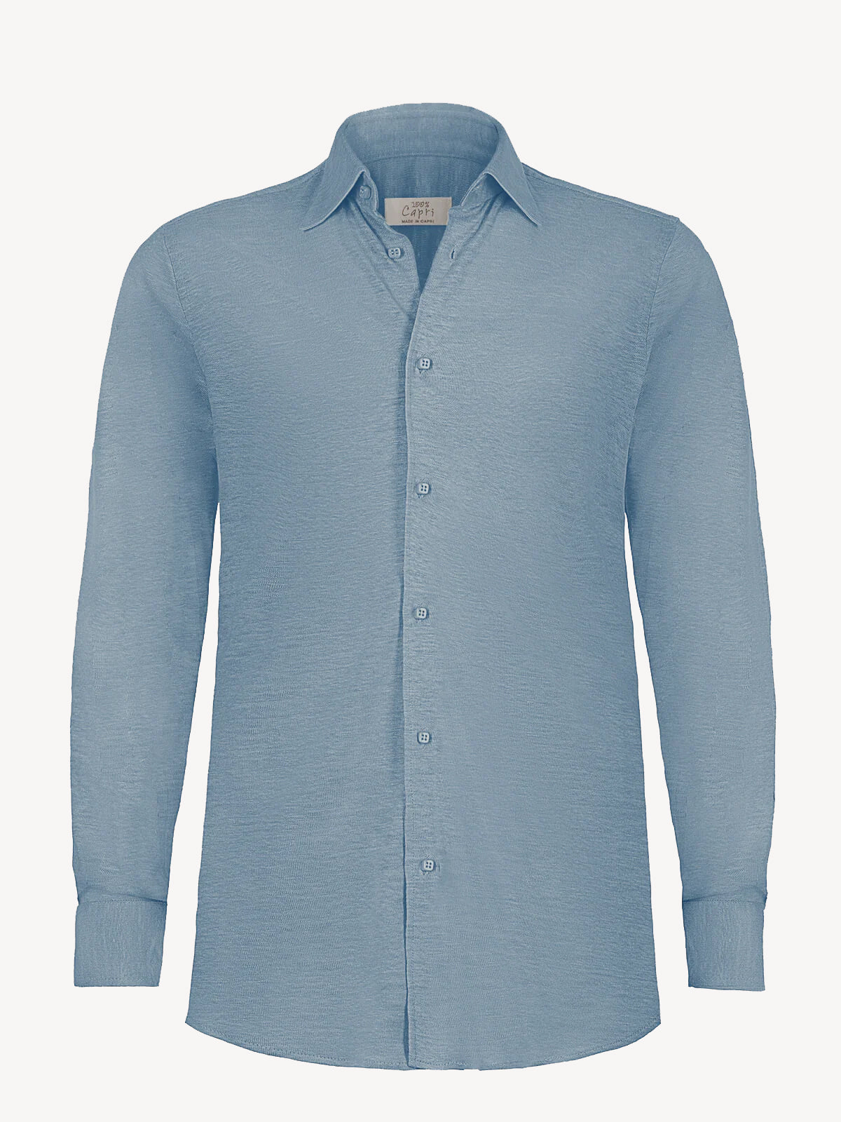 Long sleeve jeans linen shirt, front view – 100% Capri