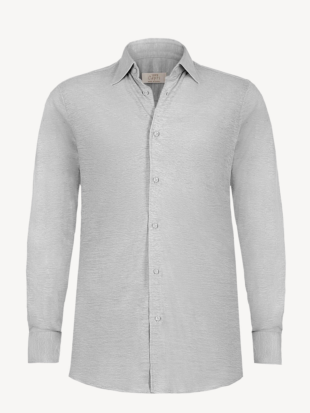 Long sleeve light grey linen shirt, front view – 100% Capri